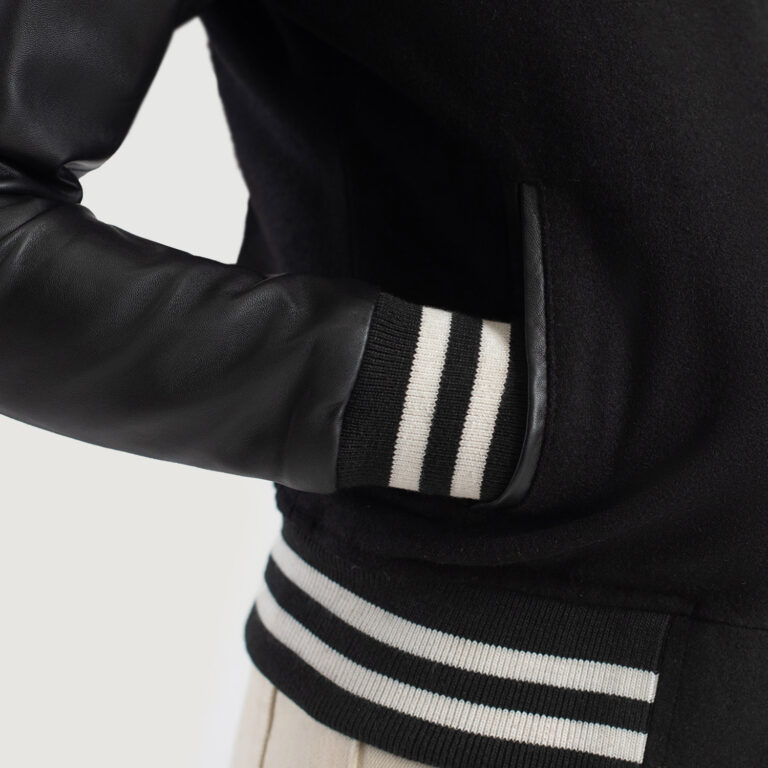 Womens Savant Black Hybrid Varsity Jacket Close-Up-9-1686936289704
